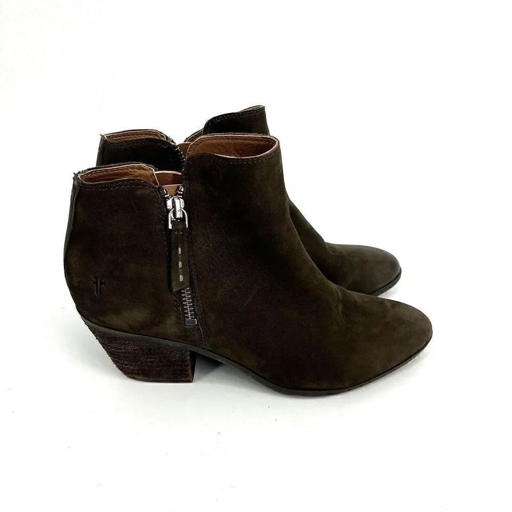 Frye Boots Size 7 Womens Brown Judy Nubuck Leather Double Zip Ankle Cowboy Heel